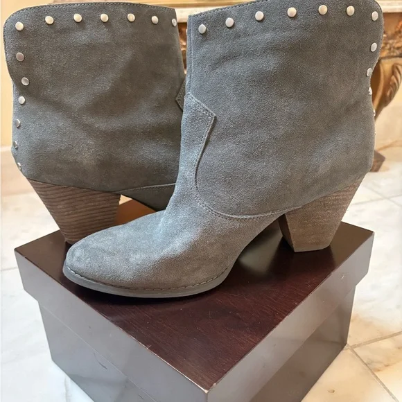 Studded Gray Suede Ankle Booties - Picture 1 of 4